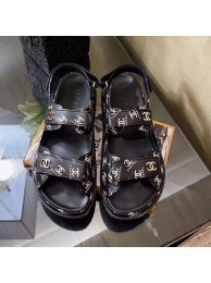 Imitation Best Quality Chanel Strap CC Print Flat Sandals Black 2020 Collection AQ01799