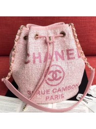 Imitation Chanel Fabric Logo Print Small Drawstring Bucket Bag Pink 2019 Collection AQ03027