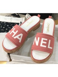 Imitation Chanel Heel Logo Mules Denim Pink 2020 AQ01465