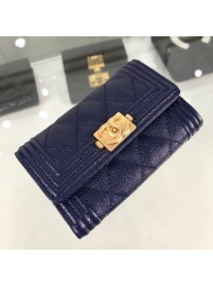 Imitation Chanel Quilted Grained Small Flap Boy Wallet A80603 Navy Blue/Gold 2019 Collection AQ03052