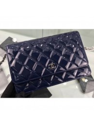 Imitation Cheap Chanel Wallet On Chain WOC Bag in Patent Leather Navy Blue/Silver AQ02623