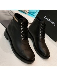 Knockoff Chanel Calfskin Metal Logo Flat Short Boot Black 2019 Collection AQ02584