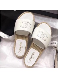 Knockoff Chanel CC Logo Leather Mules Slipper Sandals Espadrilles G34067 White 2019 AQ02998