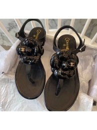 Knockoff Chanel Lambskin Classic Camellia Thong Sandals Black 2020 Collection AQ01117