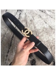Knockoff Chanel Pearl CC Buckle Belt in Calfskin 30mm Width Black/Gold/White 2018 AQ01101