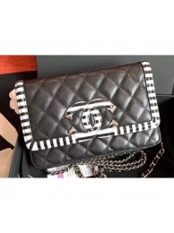Knockoff Chanel Striped Grained Calfskin CC Filigree Wallet On Chain Bag A84451 Black 2019 AQ02450