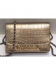 Replica 1:1 Chanel Crocodile Embossed Calfskin Gabrielle Wallet On Chain WOC Bag Metallic Gold 2019 AQ03207