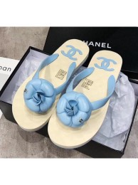 Replica AAAAA Chanel Rubber Camellia Thong Slides Sandals Light Blue 2020 Collection AQ04305