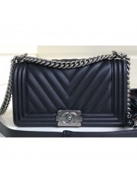 Replica Chanel Caviar Leather Chevron Boy Flap Medium Bag Black/Silver AQ03296