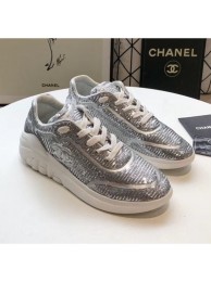 Replica Chanel CC Logo Sequins & Leather Sneakers G35936 Silver 2020 Collection AQ01928