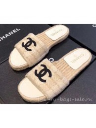 Replica Chanel CC Logo Tweed Mules Slipper Sandals Espadrilles G34067 Beige 2019 AQ01624