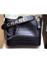 Replica Chanel Crocodile Embossed Calfskin Gabrielle Medium Hobo Bag AS0866 Black 2019 AQ00738