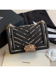 Replica Chanel Pearl Chevron Calfskin Small Boy Flap Bag A67085 Black 2020 Collection AQ01578