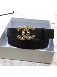 Replica Chanel Width 3cm Calfskin Belt With Crystal Pearl CC Buckle Black 2020 Collection Belt AQ02062